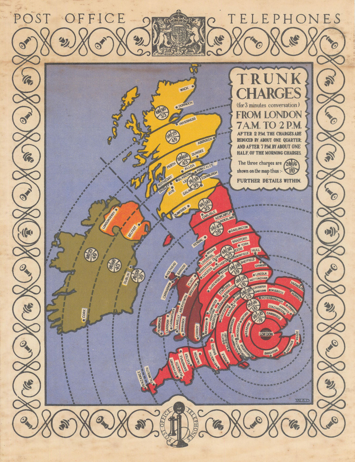 Post Office Telephones - Trunk Charges. Telephony charging rate map. G.P.O. 1929